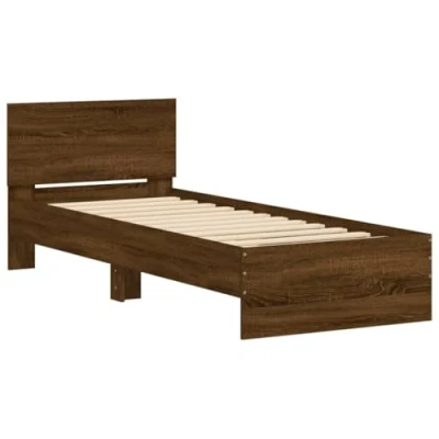 Imagen de vidaXL Estructura de Cama con Cabecero Luces LED, Somier Listones Invitados, Armazón Cama, Mueble para Dormitorio, Marrón Roble 90x190 cm