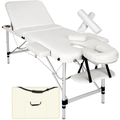 Imagen de tectake® Camilla Masaje Plegable de Aluminio, Estética Profesional, Quiromasaje, Tatuajes, Reiki, Profesional para Fisioterapia, Altura Ajustable, 3 Zonas, con Bolsa Transporte blanco