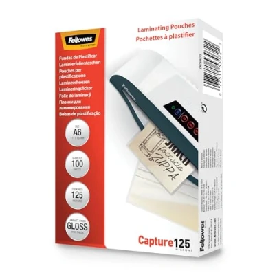 Imagen de Fellowes Fundas de Plastificar A6, acabado brillo, 100 hojas, 250 micras (2 x 125 micras), calidad, adecuadas para fotos, tarjetas identificación y documentos pequeños