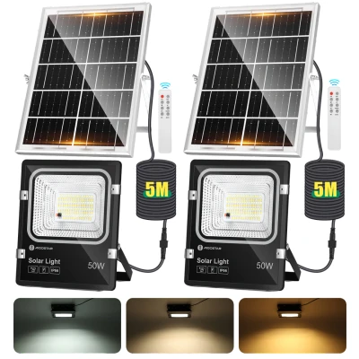 Imagen de Aigostar Foco solar exterior con mando a distancia,Cable de 5m.4000mAH,Batería gran capacidad y panel solar.regulable 3000/4000/6500K. Uso interior/exterior IP66:jardín,patio,camino