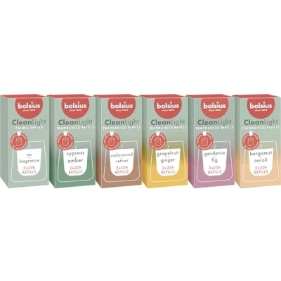 Imagen de Bolsius CleanLight Recarga Set 12 Recargas Varios Aromas Solo Vela Perfumada Recargable Duración de la Combustión 20 Horas Contiene Cera Vegetal Natural Concepto Sostenible