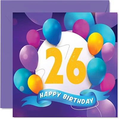 Imagen de Tarjeta de cumpleaños número 26 para hombres y mujeres, fiesta globos, tarjetas feliz hombre años, mujer, hermano, hermana, hijo, hija, tía, tío, amigo, primo, 145 mm,