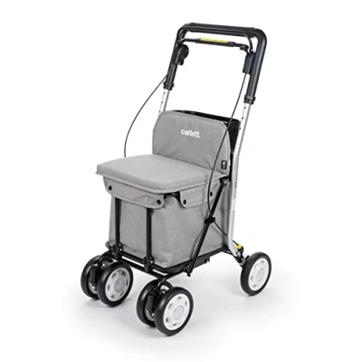 Imagen de Carlett Carro de la Compra y Andador con Asiento para Ancianos Carrito Plegable Supermercado 4 Ruedas, Bolsa Extraíble 29L/15kg Modelo Comfort, Color Gris Claro