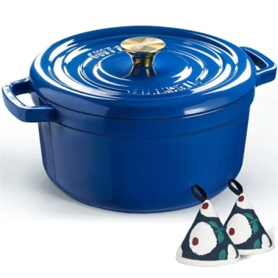 Imagen de Overmont Horno holandés de hierro fundido esmaltado, olla 5 cuartos con tapa, libro cocina y agarraderas algodón, utensilios resistentes para estofar, guisos, asar, hornear pan,