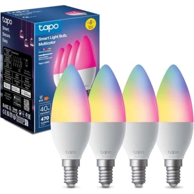 Imagen de Tapo L430C (4 pack) bombilla conectada WiFi, LED E14, multicolor 2500 K 6500 K, regulable 40 W, 470 lúmenes, funciona con Alexa, control de voz, ahorro energía,
