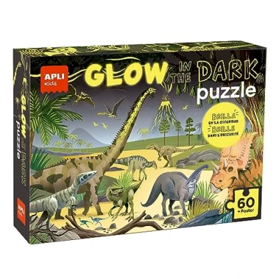 Imagen de APLI Kids 19435 Puzle fluorescente Glow in the Dark modelo Dinosaurios puzzle con efecto neón, brilla en la oscuridad 60 piezas tamaño 6 x cm