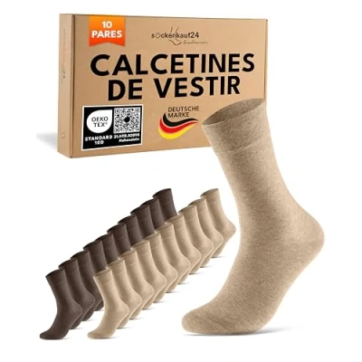 Imagen de sockenkauf24 Calcetines Clásicos Hombre Mujer 10 Pares Algodón Comodos Transpirables (Beige Marrón 35 38)