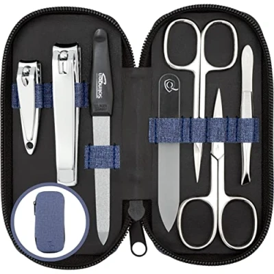 Imagen de marQus Set manicura de 7 piezas Solingen y pedicura en estuche vaquero cuero sintético con 2 tijeras, cortaúñas, limas (una cristal) pinza, para hombre mujer