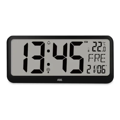 Imagen de ADE Reloj Digital de Pared Grande radiocontrolado con dígitos XXL Enorme sobremesa Calendario termómetro y Alarma Personas Mayores, usuarios Gafas