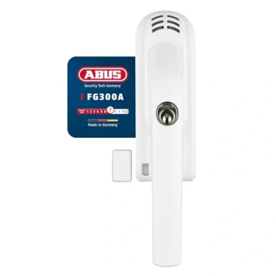 Imagen de Manilla de ventana con cerradura ABUS FG300A, pomo cilindro presión y función alarma, varias opciones cierre, nivel seguridad ABUS, blanco