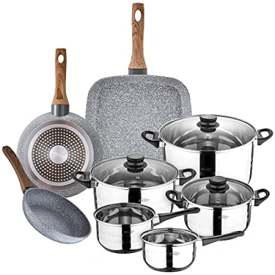 Imagen de San Ignacio Batería de cocina 8 piezas en acero inoxidable, con juego sartenes asador 28x28 cm aluminio forjado, inducción, PK3153, Color Granito, 18/20/Asador + Bateria