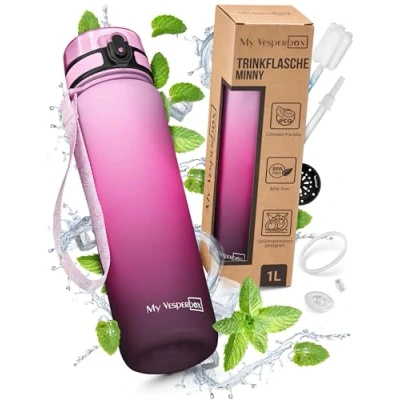 Imagen de My Vesperbox Minny Botella infantil a prueba de fugas 350, 500 o 750 ml, con pajita colador. agua ligera Tritan, sin bisfenol A, para guardería, escuela (rosa degradado, 1 l)