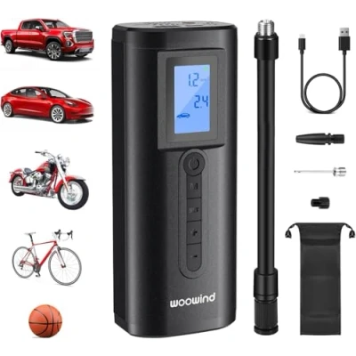 Imagen de Woowind AP2 P Hinchador Ruedas Bomba Portátil Coche Compresor de Aire Eléctrico 150 PSI para Bicicleta, Motocicleta con Válvula Presta, Schrader Dunlop