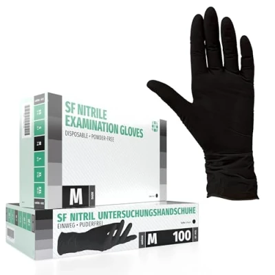 Imagen de SF Medical Products GmbH Guantes de nitrilo Caja 100 piezas (M, Negro) examen desechables, sin polvo, látex, no estériles, médicos, tatuajes, guantes, un solo uso