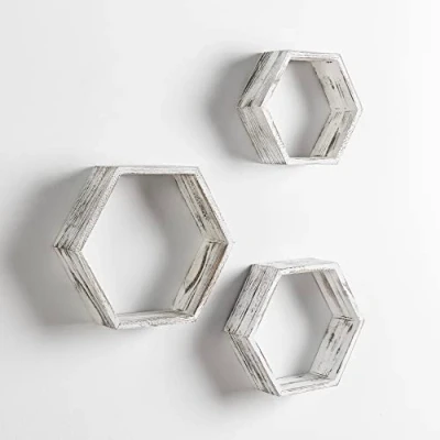 Imagen de HOMN LIVING Set de 3 estantes Pared Nuno hexagonales Blanco, Madera Paulownia