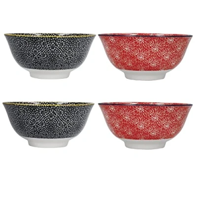 Imagen de KitchenCraft Juego de 4 cuencos cerámica esmaltada, diseño floral rojo y negro, 15,5 x 7,5 cm, en caja regalo