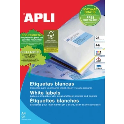 Imagen de APLI 1214 Etiquetas blancas permanentes adhesivas imprimibles, Inkjet Laser Copy, tamaño etiqueta 105 x 37 mm, cantos rectos, pack de 25 hojas A4 (400 etiquetas), Ideal para sobres