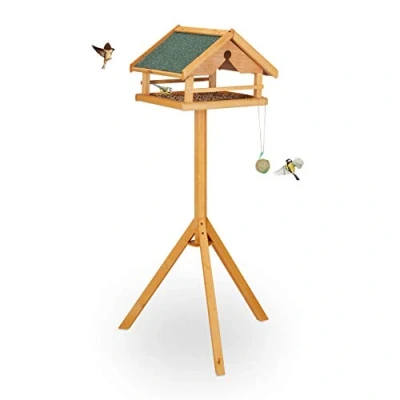 Imagen de Relaxdays Comedero Pájaros Soporte, Techo Resistente a Intemperie, Casita Aves Madera, 120 x 62 55 cm, Natural y Verde