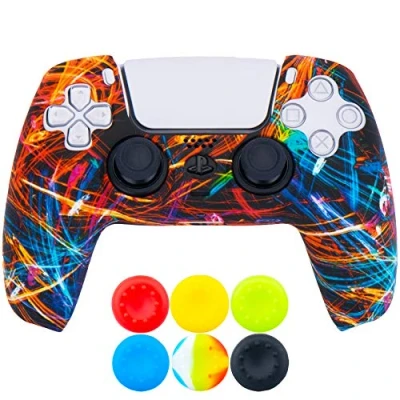 Imagen de 9CDeer 1 x Silicona Transferir Impresión Protector Grueso Cubrir Piel + 6 Apretones de Pulgar para Playstation 5 / PS5 Mando Corriente Negra