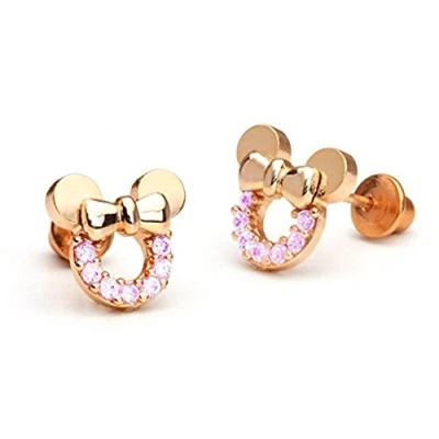 Imagen de Pendientes de plata ley en color rosa oro circonitas cúbicas Findout, con diseño Mickey Mouse para niñas (f1783)