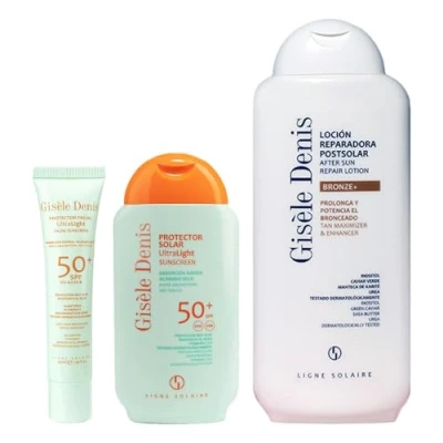 Imagen de GISÈLE DENIS Pack Solar Ultralight, Protector Facial Ultralight SPF50+ 40 ml + 200 Aftersun Bronze+ 400 ml, Crema y Loción Reparadora Postsolar