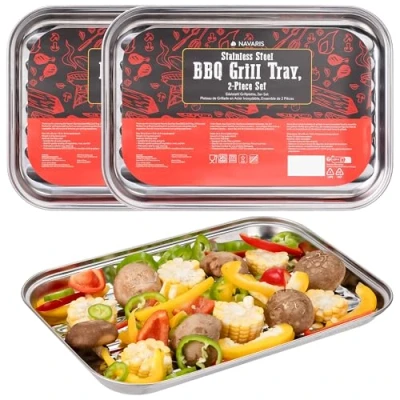 Imagen de Navaris Bandeja Barbacoa Set de 2x Rejilla para Acero Inoxidable 34 x 24 3 cm Bandejas Carne Verduras Pescado Accesorios