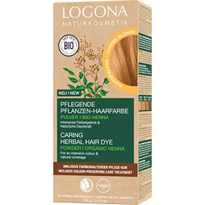 Imagen de LOGONA Naturkosmetik tinte vegetal nutritivo para el cabello, polvo vegano con henna orgánica un color intenso y brillo, en rubio cobre (rubio), 1 x 100 g