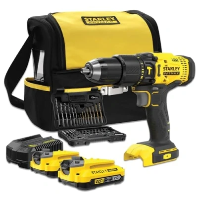 Imagen de STANLEY FATMAX SFMCD711DSA QW Taladro Percutor 18V, Gama V20, 2 velocidades, Luz LED, Incl. juego de brocas y 50 piezas, baterías recargables 2,0 Ah, cargador bolsa herramientas