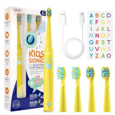 Imagen de Seago Cepillo Electrico Infantil, Dientes Niños Recargable con Divertidas Pegatinas DIY, 8 Cabezal de Recambio, 5 Modes y Temporizador 2 minutos, Amarillo