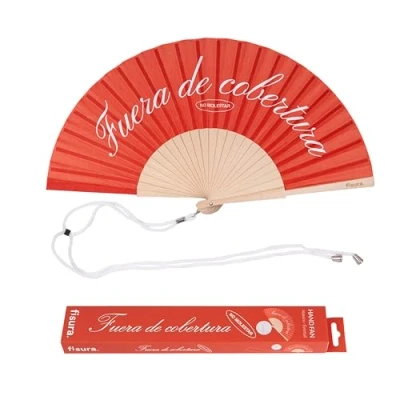 Imagen de Fisura Abanico original con mensaje “fuera de cobertura madera moderno y colorido. Ventilador mano rojo. Colgador incluido. Medidas: 42,5 x 23 cm