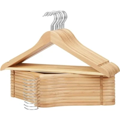 Imagen de KROWN Perchas de Madera Natural Antideslizantes con Muescas, Ideales para Trajes, Abrigos, Chaquetas, Camisas y Pantalones, Gancho Giratorio 360 (Natural, 24 Unidades)