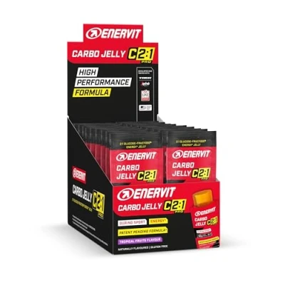 Imagen de Enervit, Enervit Carbo Jelly C2:1PRO Envase de 50gr, Gelatina con Carbohidratos Vitamina B1, Sin Grasas y Gluten, Sabor Frutas Tropicales