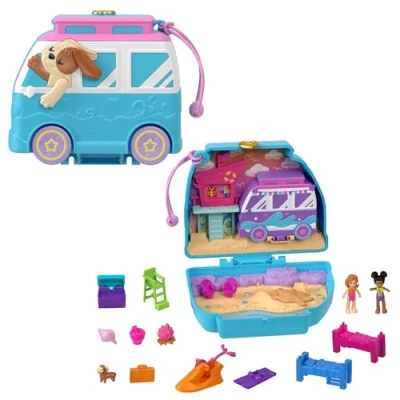 Imagen de Polly Pocket Estuche Perrito en Caravana Set de Juego con muñecas, Mascota y Accesorios Playa, Juguete +4 años (Mattel HRD36)