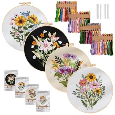 Imagen de Kit de Inicio Bordado, 4 Piezas Juegos Bordar con Patrones e Instrucciones, Bordado Principiantes, Herramienta Punto Cruz,con Aros Bordado,Tela Bordada, Hilos Colores