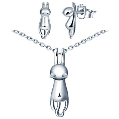 Imagen de Conjuntos de joyas plata 925, lindo collar gato, aretes únicos elegantes para mujeres, regalos cumpleaños