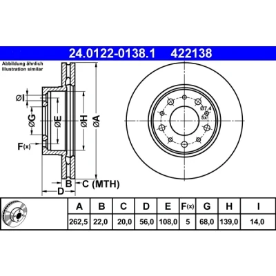 Imagen de ATE 24.0122 0138.1 Disco de freno 262,5 22,0 5 108,0 ventilado VOLVO: 740 Familiar, Berlina