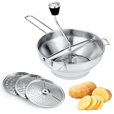 Imagen de vvhippo Pasapurés de Acero Inoxidable con 3 discos Intercambiables, Molinillo Verduras Manual para Sopa, Mermelada, Puré Bebé, papilla