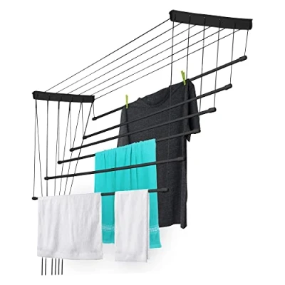 Imagen de KADAX Tendedero de Techo Acero Resistente a la Corrosión con Sistema Subida y Bajada para Interiores Exteriores (Negro, 6 x 100 cm)