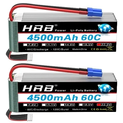 Imagen de HRB 6S Batería de polímero litio (22,2 V, 4500 mAh, 60 C, con conector EC5, clase A+), para coche teledirigido, avión, buggy, helicóptero, camión, hobby (2 unidades)