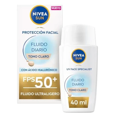 Imagen de NIVEA SUN Fluido Diario con Color FPS 50+40 ml, protector solar facial Ácido Hialurónico, Licocalcón A y Niacinamida, crema ultra ligera, protección efecto mate, tono claro