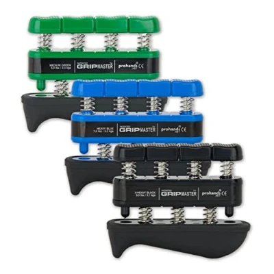 Imagen de Prohands Gripmaster Rehab ejercitador médico de mano, dedos (fortalecedor agarre mano), con resorte, sistema pistón dedo, cojín palma añadido, (verde, azul, negro)