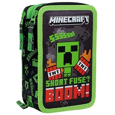 Imagen de Minecraft Estuche triple relleno, 44 accesorios escolares, 3 cremalleras, 20 cm, Plumier compartimentos para niña y niño, con interior organizado