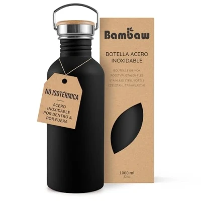 Imagen de Bambaw Botella agua acero inoxidable 1 litro No Térmica, negra, de deportiva, reutilizable agua, sin BPA Negro total