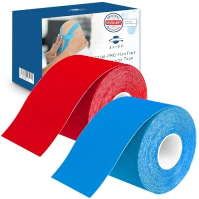 Imagen de 2 cintas kinesiológicas adhesivas y elásticas axion Rollos de kinesiotapes color rojo azul Vendaje deportivo, soporte neuromuscular fisioterapia