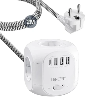Imagen de LENCENT Cubo Regleta Enchufes 2M con 4 Tomas de CA, 3 USB y 1 Tipo C, Alargadera Electrica Protección contra Sobretensiones para Familia, Cocina Oficina White