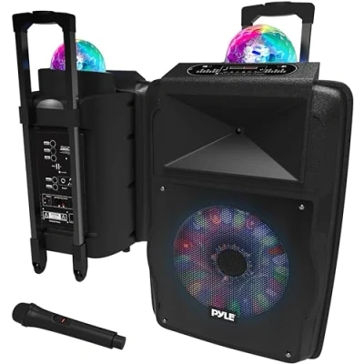 Imagen de PYLE Sistema de Altavoces, PA, 700W, Bluetooth, microfono, portatil, Recargable, Interiores, Exteriores, función grabación, micrófono, Luces Fiesta, Radio USB/SD, Color Negro