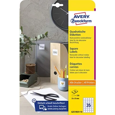 Imagen de AVERY Zweckform 6251REV 10 etiquetas cuadradas (350 adhesivas, 35 x mm en A4, pegatinas de código QR para impresión, extraíbles sin residuos, autoadhesivas con QR)