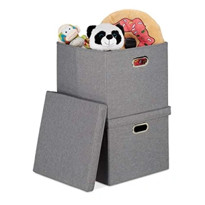 Imagen de Relaxdays Cajas Almacenaje Set 2, Cestos Organizadores Plegables Tapa, 51 l c/u, Cuadradas, 34x43x43 cm, Color Gris, Algodón