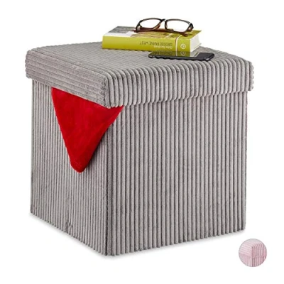 Imagen de Relaxdays Taburete, Plegable, Banqueta con Espacio de Almacenamiento, Pana, Cuadrado, Tapa, 38 x cm, Gris, Gomaespuma, 38T 38B 38H cm