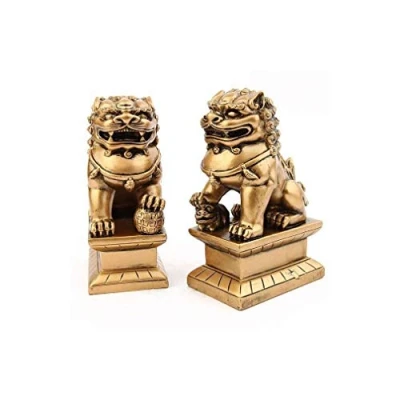 Imagen de lachineuse Estatuillas Leones Chinos Dorados 2 Figuras para Perros Fu 11 x 6,5 4,5 cm Decoración China asiática Feng Shui hogar, Oficina, Interior Idea de Regalo